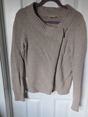 LOFT Taupe Asymmetrical Zip Crewneck Sweater